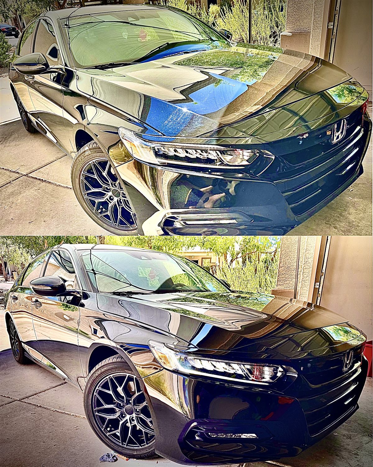 Black Honda Accord — dusty, swirl-marked paint before on top, deep mirror shine after a clay bar detail below