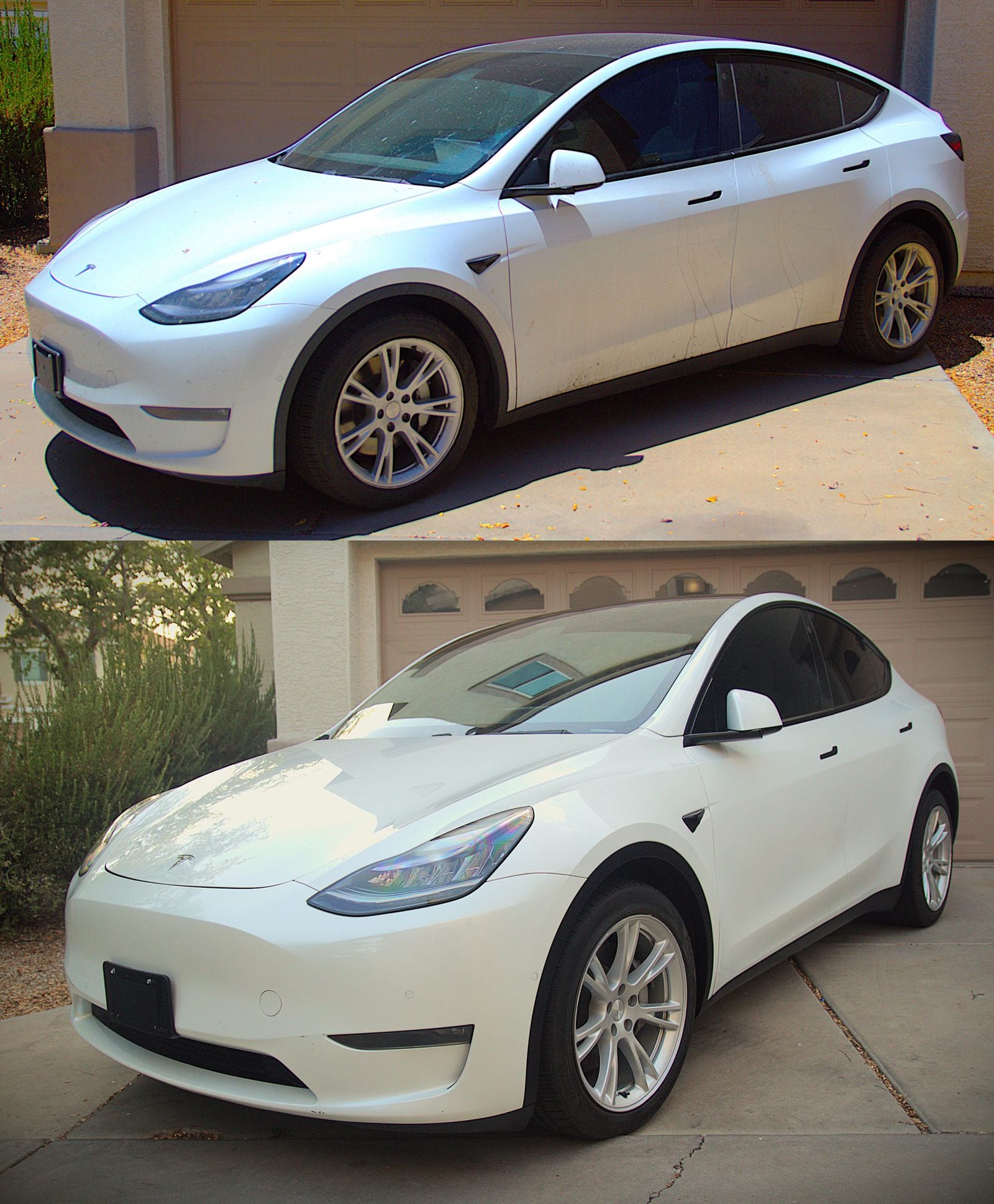 White Tesla Model Y — desert-dusted before on top, pearl glow after below